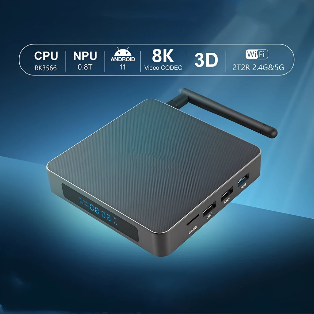 Android TV box with 8K output, Bluetooth, and multiple storage options