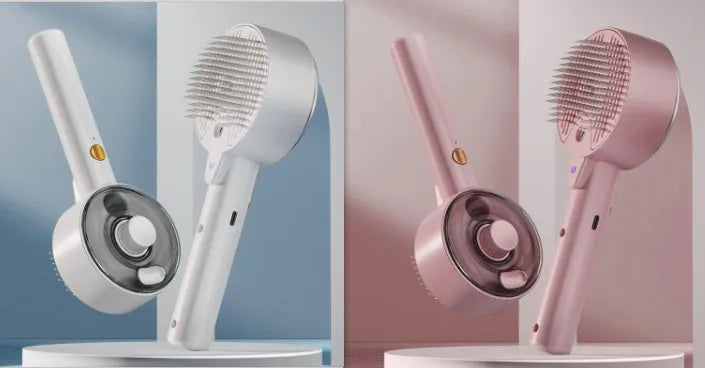 Ceramic White pet grooming brush with UVC light and spray mist function for dogs and cats.