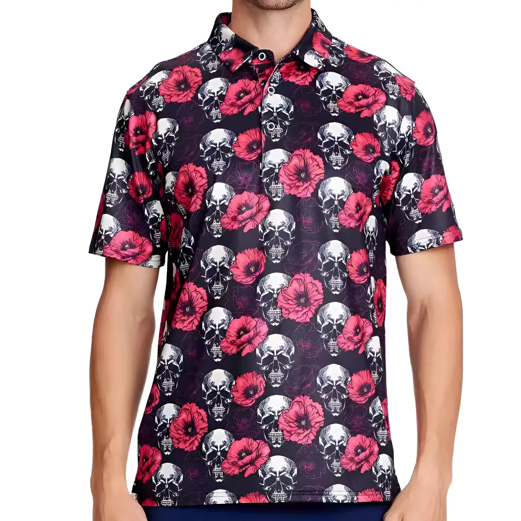 Man wearing a 3D print short sleeve top with Japanese retro style and zipper details.