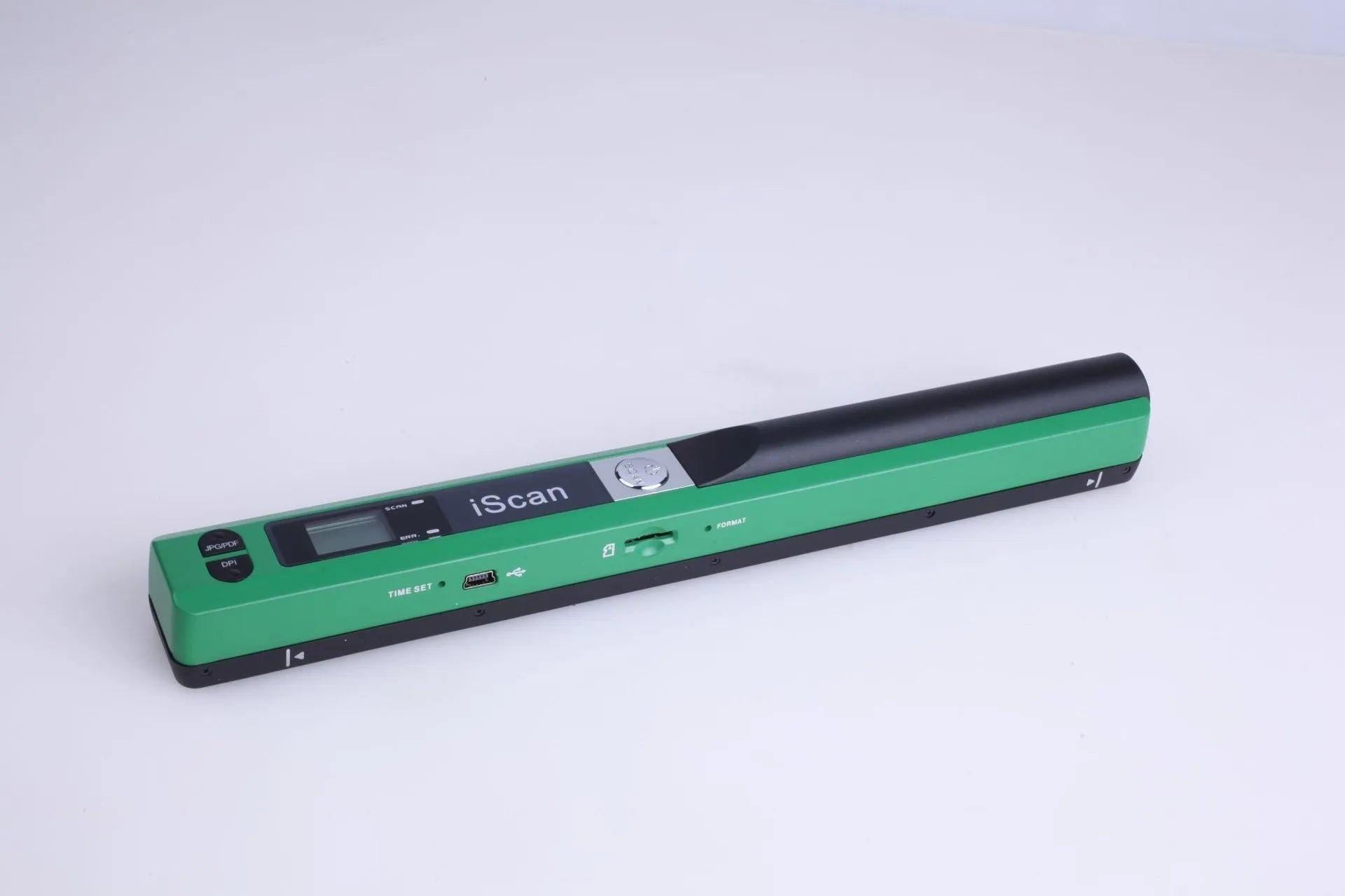Handheld USB scanner in black, blue, green, red, and silver colour options on a desk.