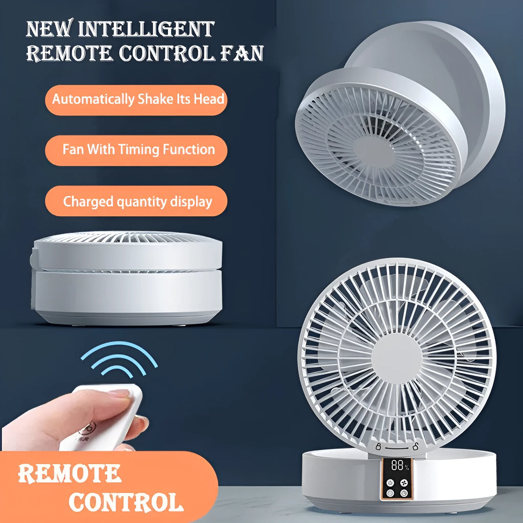 White portable USB rechargeable folding ceiling fan with remote control on desk