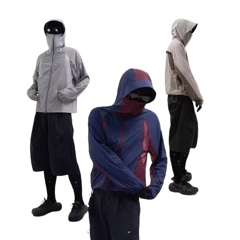 Mesh-stitched sun protective clothing in desert brown, thin nylon fabric for UV protection.