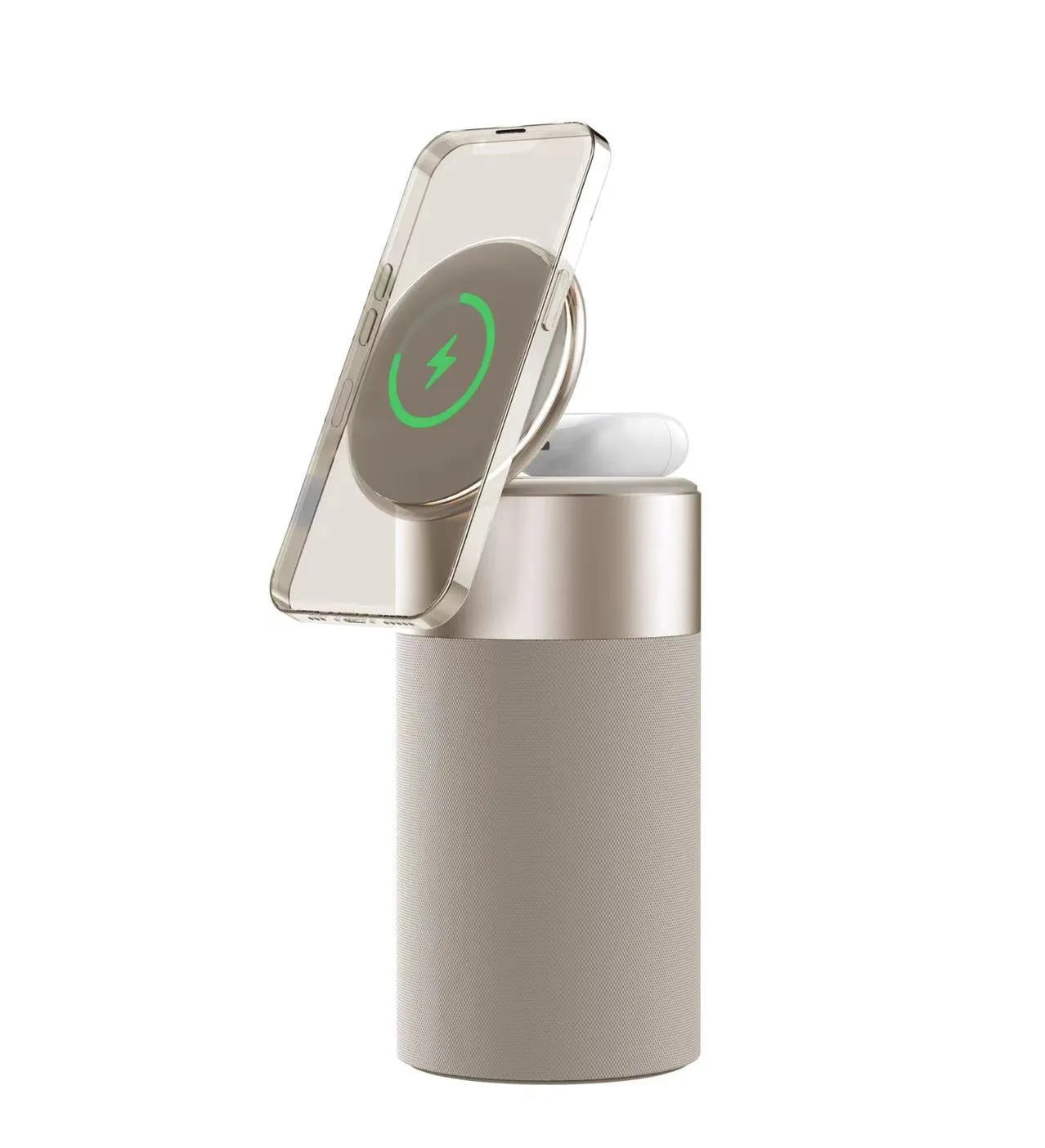 3-in-1 wireless charger Bluetooth speaker touch lamp for iPhone and AirPods in Gold colour on desk