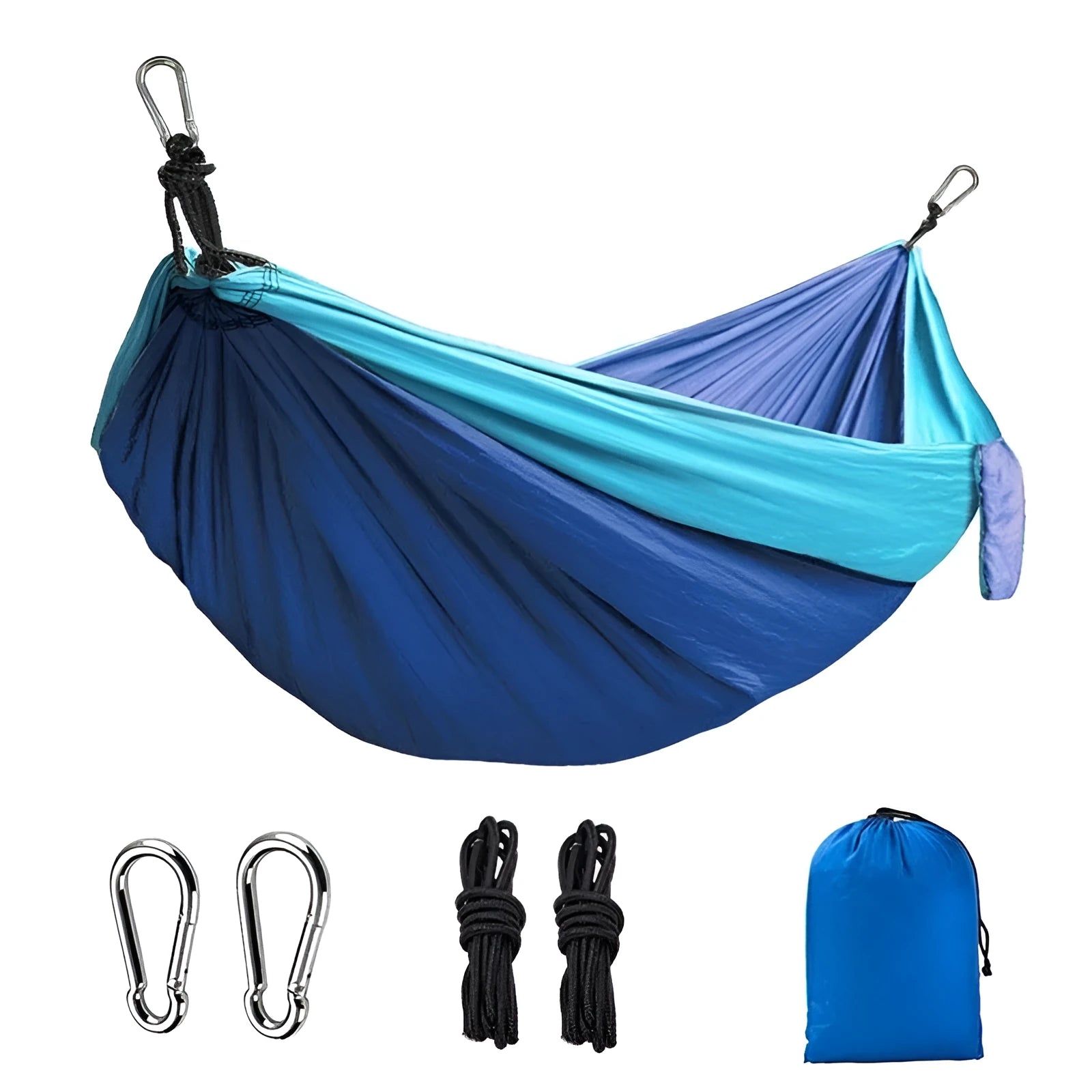 Blue nylon parachute cloth outdoor camping hammock shown in a natural setting.