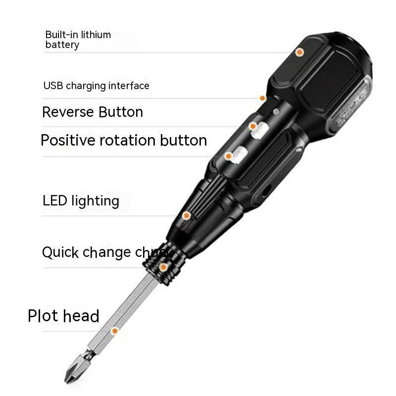 Black and blue alloy steel straight handle cordless electric screwdriver on a workbench.