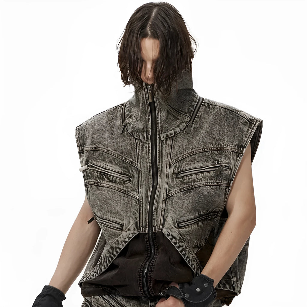 Men's splicing denim vest jacket with zipper front and sleeveless summer design