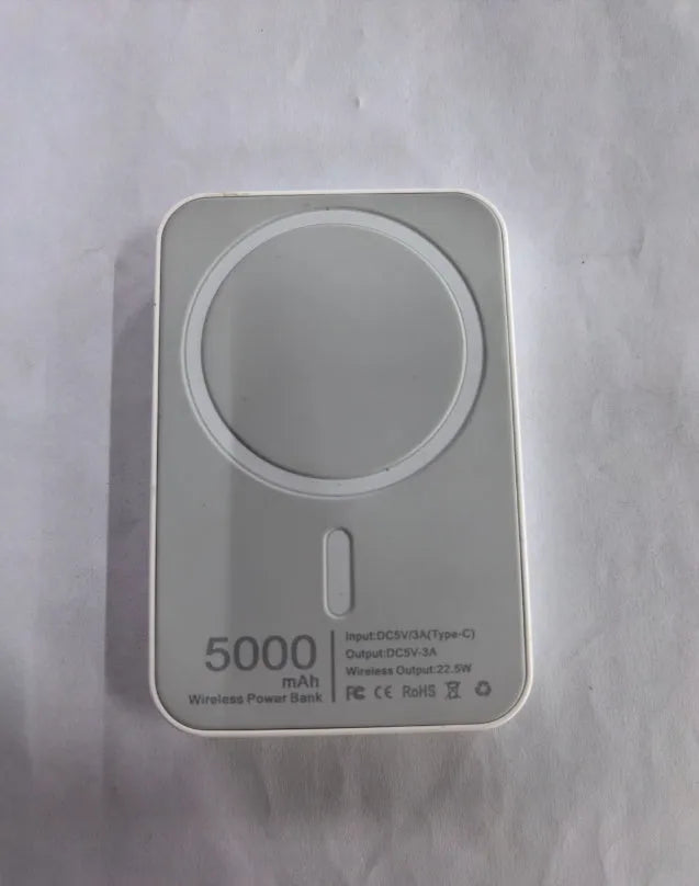 White magnetic wireless charger power bank with creative design showing dimensions 100x65mm