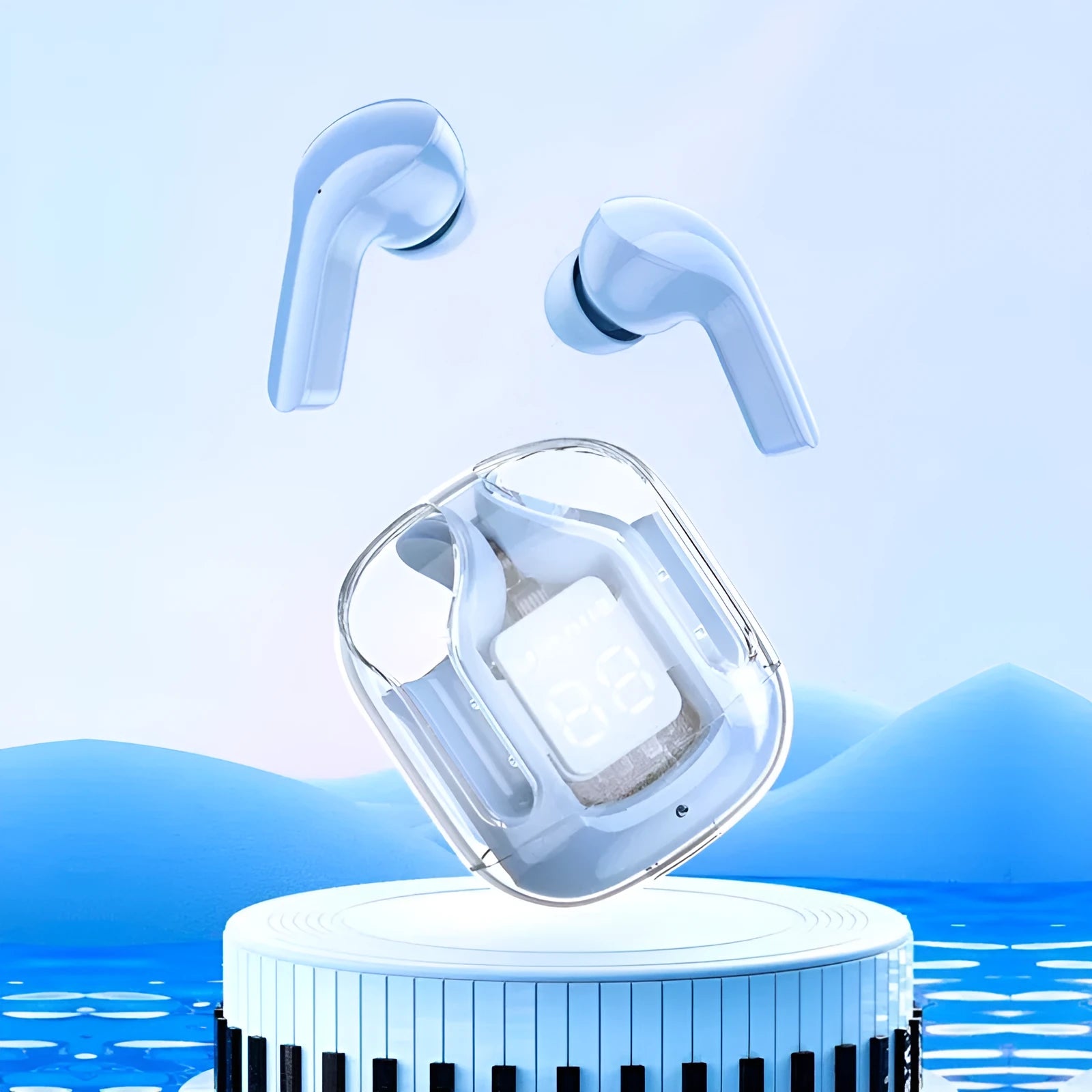 Transparent case true wireless Bluetooth earphones showing digital display with black, white, blue, green, and peach colour options