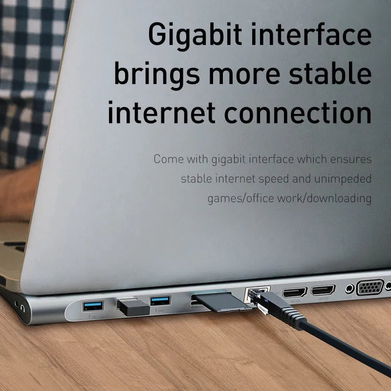 Grey aluminium ten-port USB hub docking station with cooling bracket for HDMI VGA and gigabit ethernet
