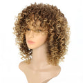 Long curly light gold synthetic wig on a stand showing front lace and elastic mesh cap.