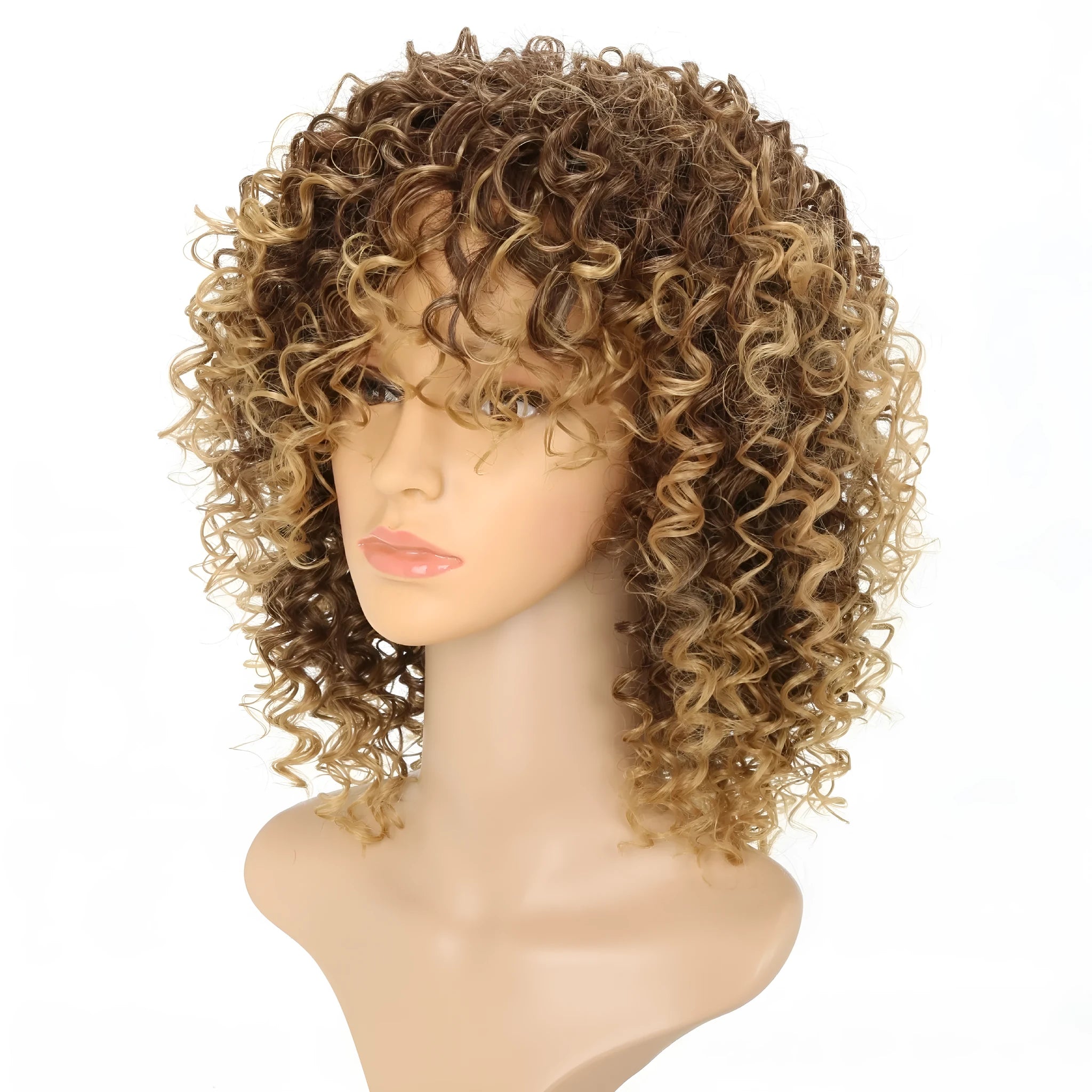 Long curly light gold synthetic wig on a stand showing front lace and elastic mesh cap.