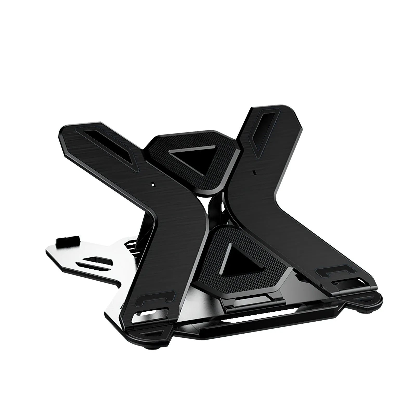 Black ABS plastic laptop lifting bracket with integrated phone holder on a wooden desk