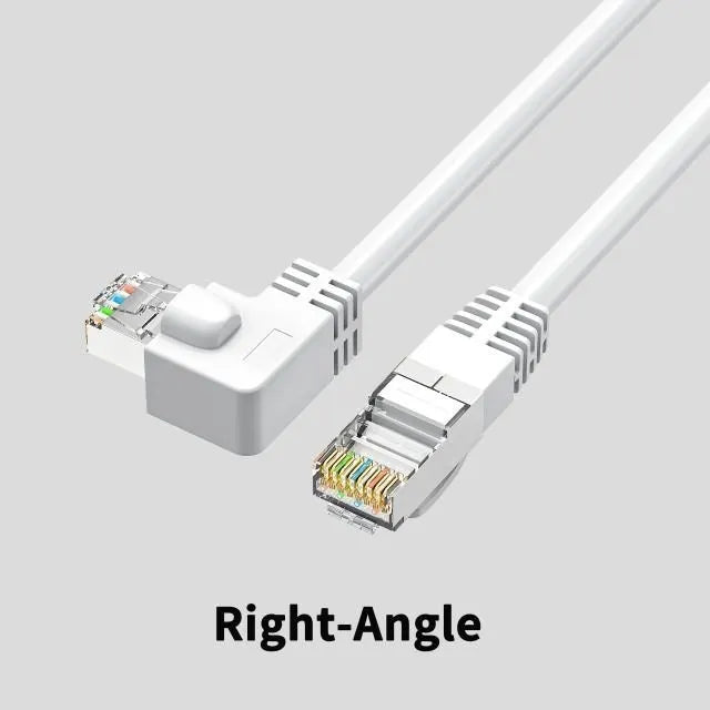 Right-angle Cat6 Ethernet cable with metal RJ45 connectors in various colours and lengths
