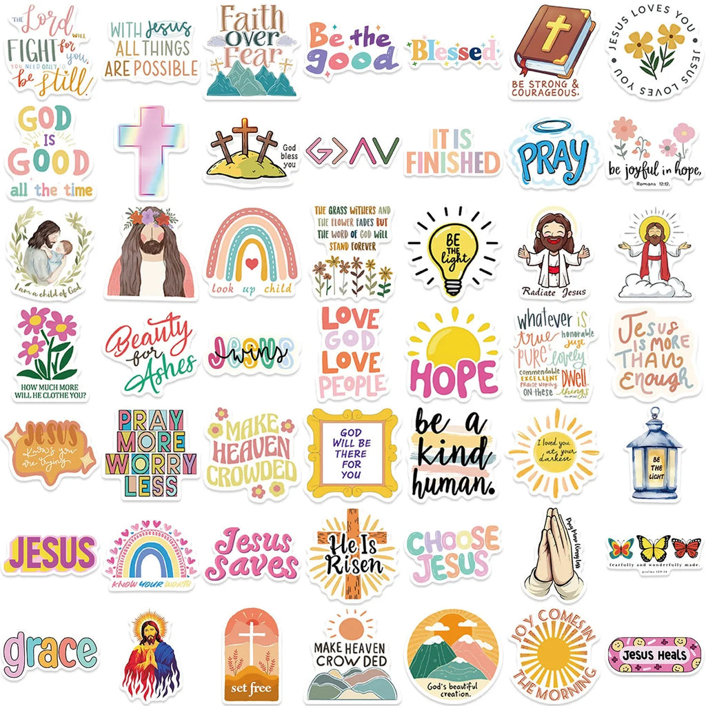 Assorted colourful graffiti stickers with random patterns laid out flat, set of 50 pieces.