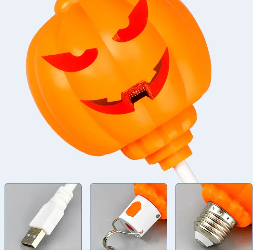 Purple and yellow light USB rechargeable plastic pumpkin lamp for Halloween decoration.
