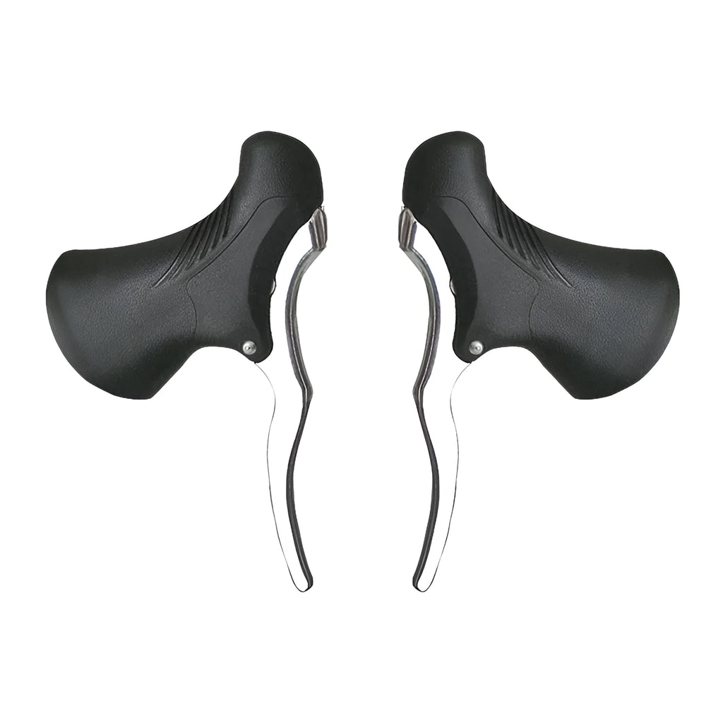 Pair of aluminium alloy road bicycle brake handles in black and black/silver finishes.