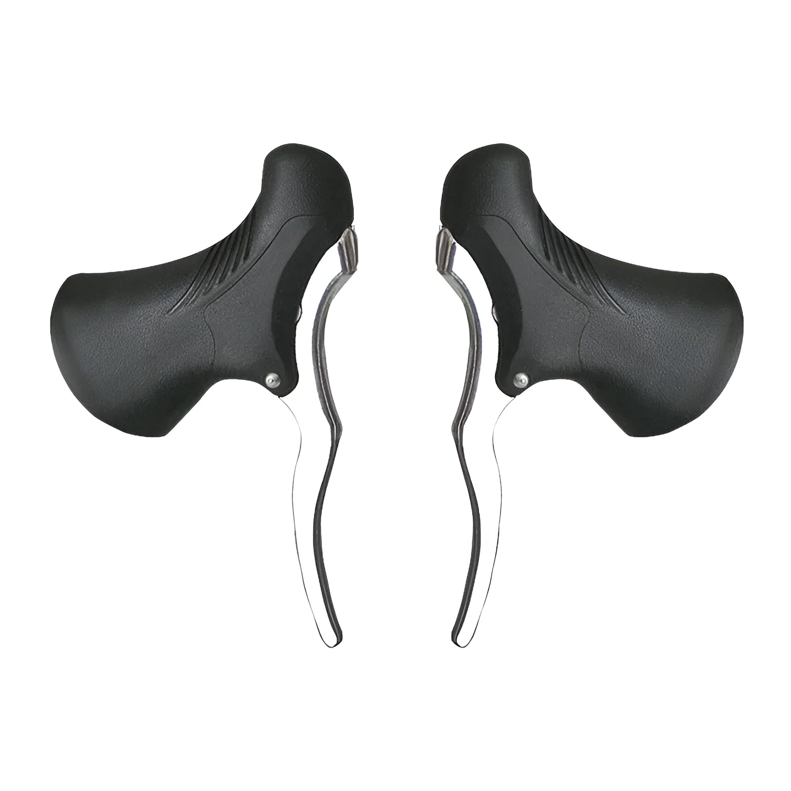 Pair of aluminium alloy road bicycle brake handles in black and black/silver finishes.