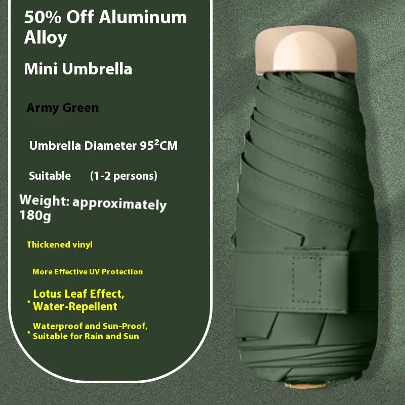 Compact five-fold sun umbrella with a gradient vinyl-laminated canopy and an alloy frame.