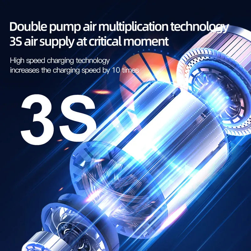 Black portable wireless air pump with digital display, 13cm hose, and accessories including nozzles and power cable on a grey background.