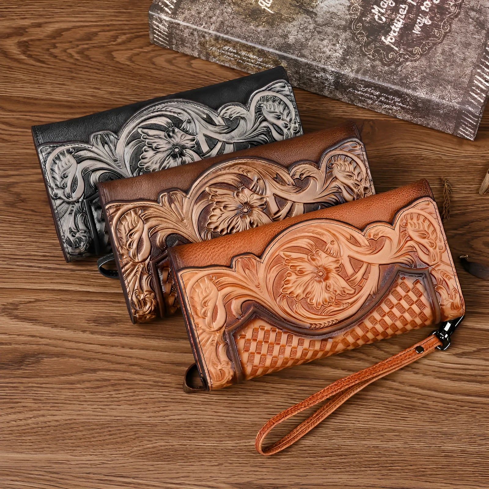 Women's brown tri-fold cowhide wallet with embossed floral pattern, shown open and closed.