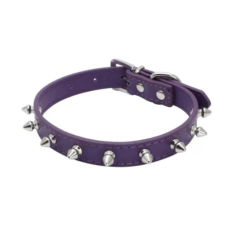 A spiked dog collar made of black PU leather with silver metal studs and an alloy buckle.
