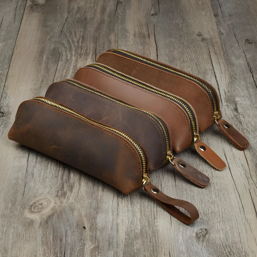 Handmade cowhide leather pencil case with zipper, square 18x6x6cm design in four colour options