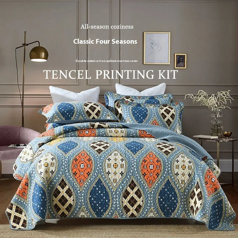 Cotton quilted bed cover three-piece set with printed pattern for 1.5-1.8 metre beds