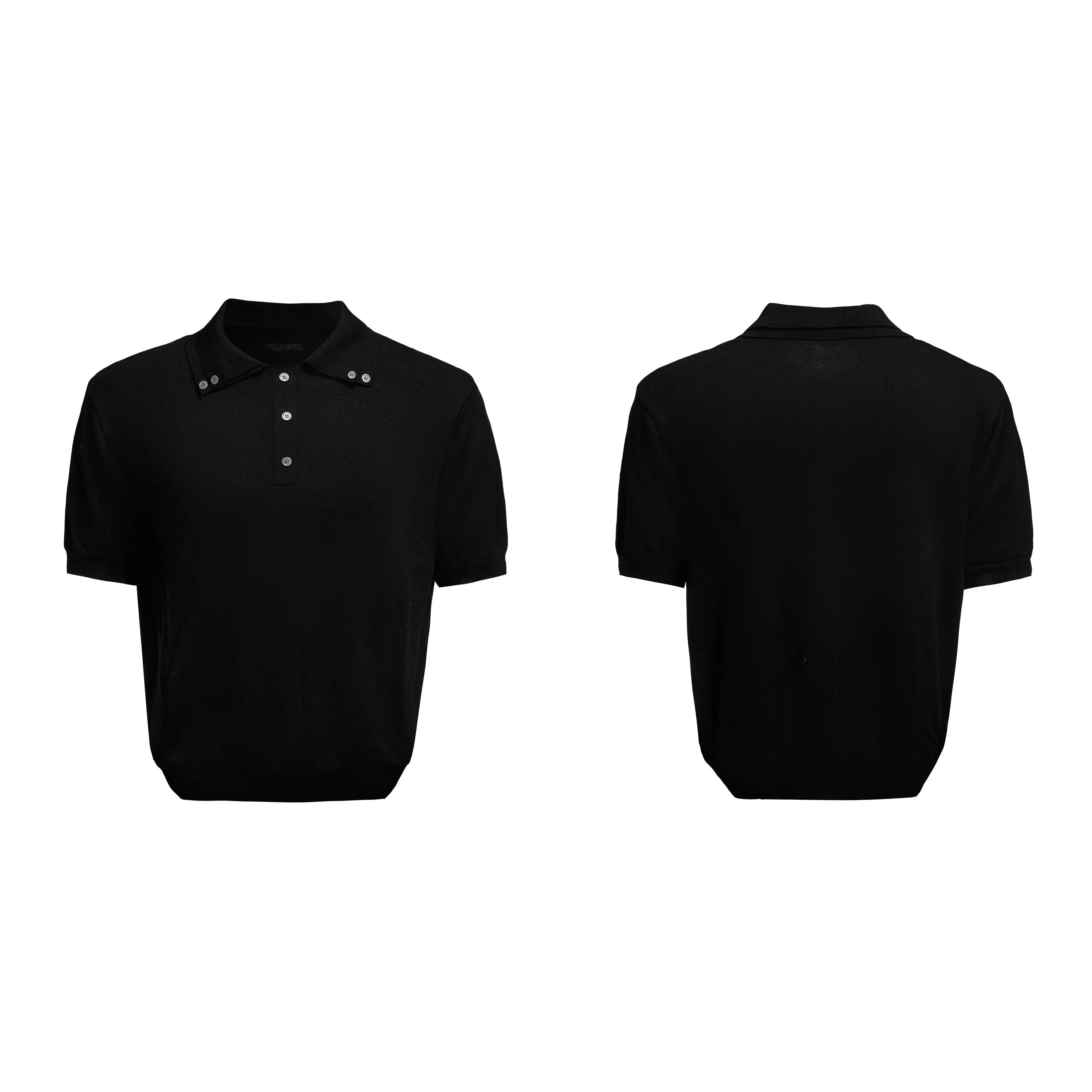 Men's double lapel collar short sleeve shirt in polyester knit fabric, available in black, grey and white colour options
