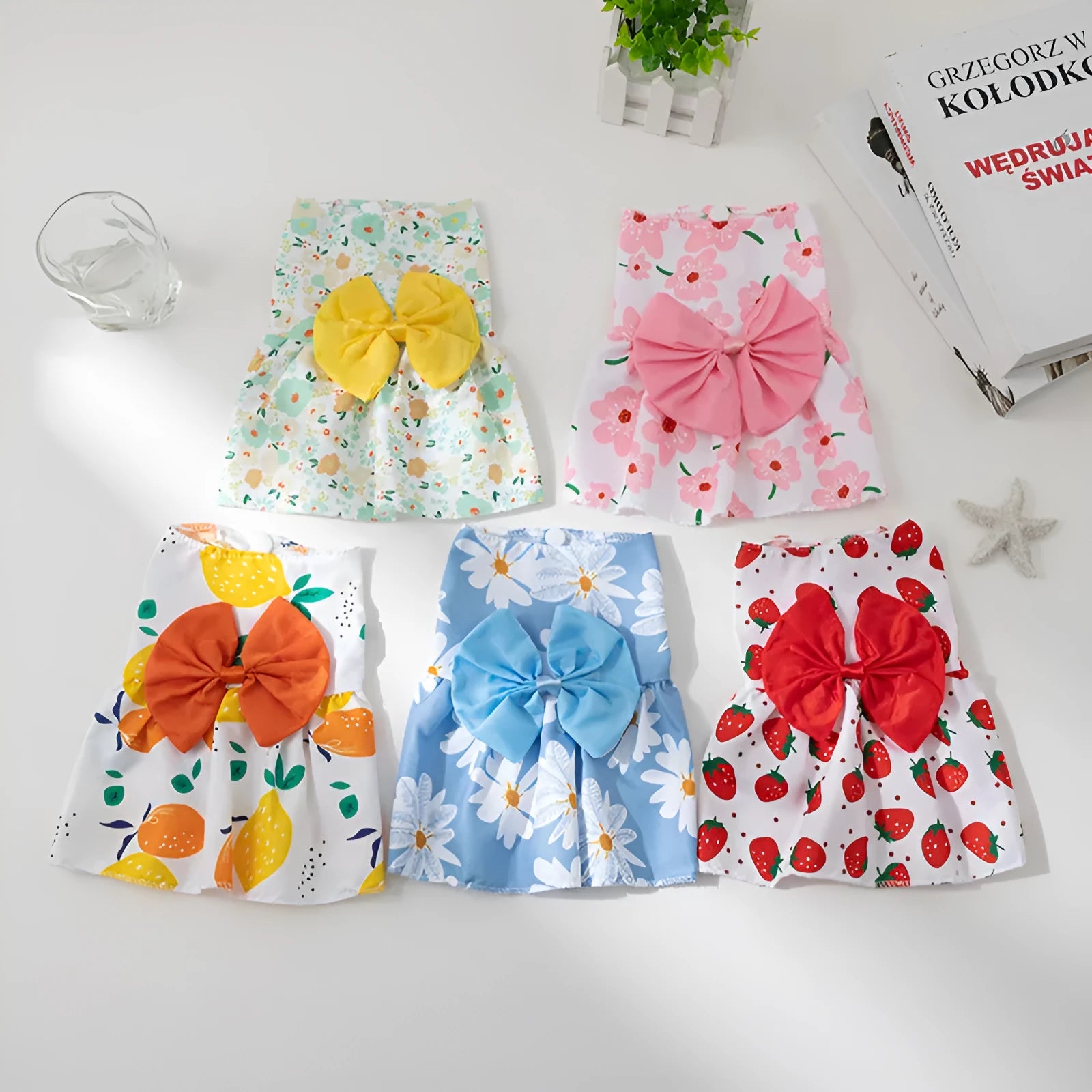 Ultra-thin summer pet dress with floral butterfly knot at neck in multiple bow colour options