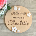 Square wooden newborn name label with birth information, 15x15cm, shown in three style variations.