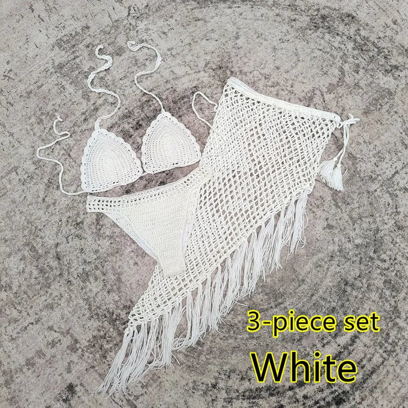3-piece crochet bikini swimsuit set with matching beach skirt in solid colour