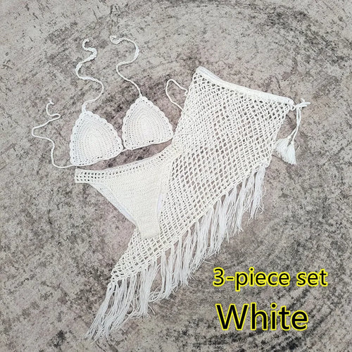 3-piece crochet bikini swimsuit set with matching beach skirt in solid colour