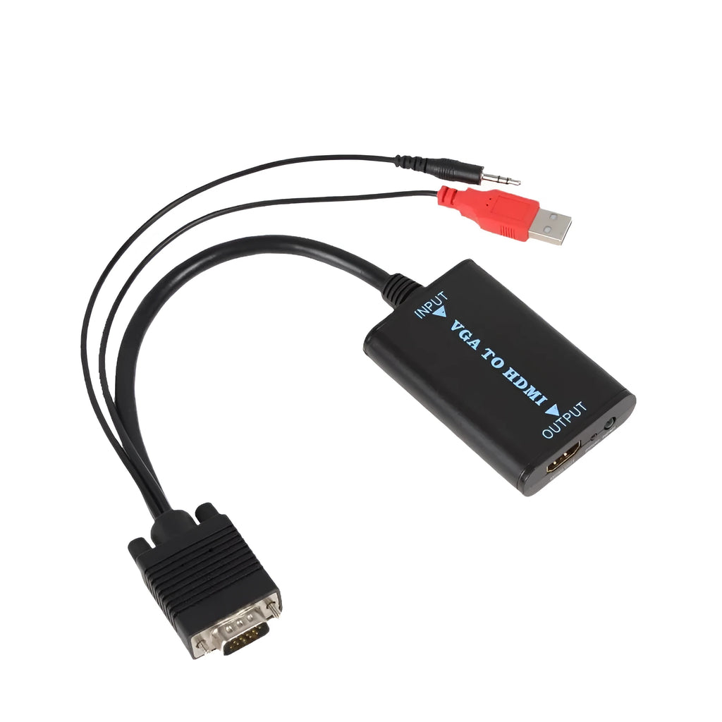 Black VGA to HDMI converter with USB power cable and audio port for 1080p video conversion