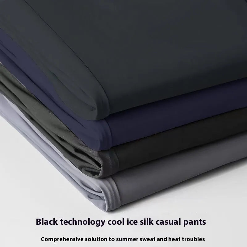 Men's solid colour ice silk straight-leg trousers with an elasticated open waistband, shown in black.