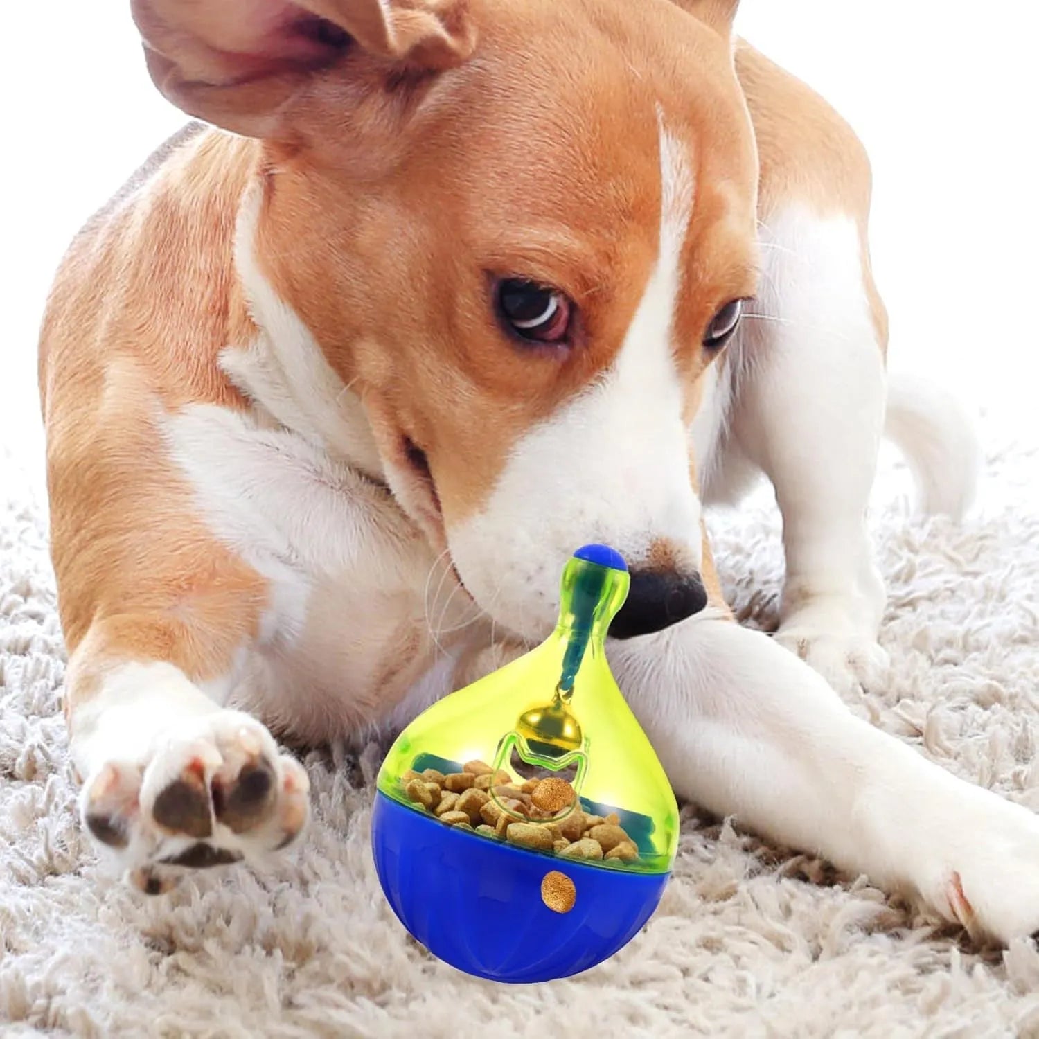 Tumbler-shaped interactive pet treat dispenser ball for dogs and cats