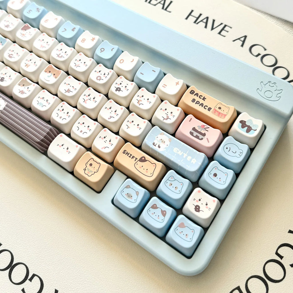 Sea Salt Cat themed PBT key cap set with March layout and 7u spacebar supplement for mechanical keyboards