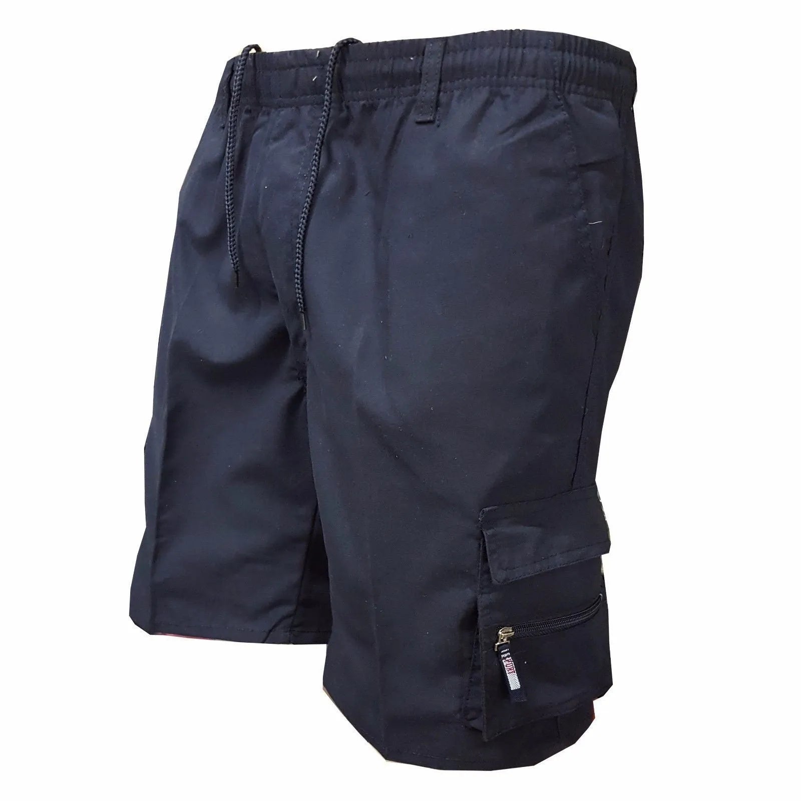 Men's khaki cotton casual shorts with multiple pockets and a drawstring waistband.