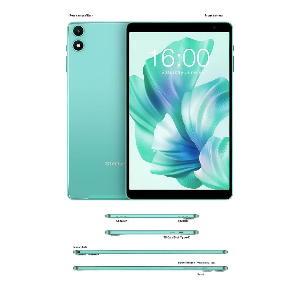 Green Android 13 tablet with 8-inch HD screen, eight-core processor, 4GB RAM, and 64GB storage showing front and dual cameras