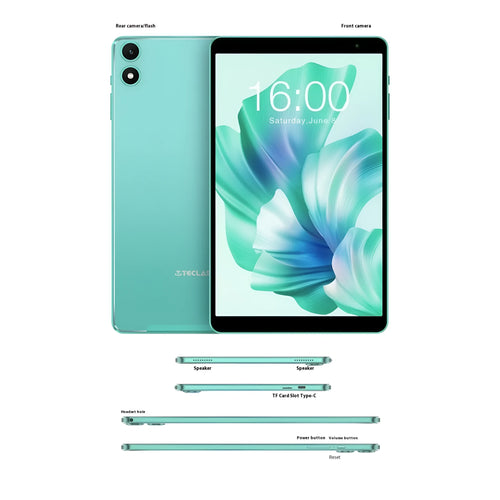 Green Android 13 tablet with 8-inch HD screen, eight-core processor, 4GB RAM, and 64GB storage showing front and dual cameras