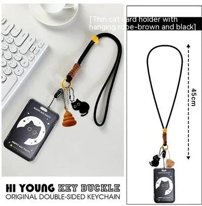 Cartoon black cat plastic card sleeve holder with a silver ferrule pendant attached.