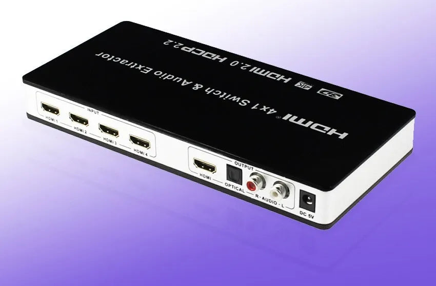 Black HDMI audio/video switch with remote control, showing four input ports and one output port.
