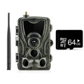 Outdoor camouflage surveillance camera with wide-angle lens on a green background.