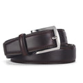 Men's genuine leather pin buckle belt in brown, showing the alloy buckle and belt length.