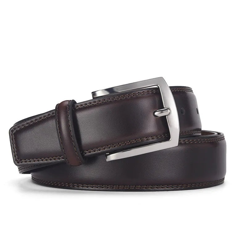 Men's genuine leather pin buckle belt in brown, showing the alloy buckle and belt length.