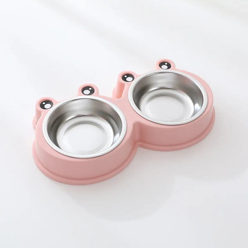 Stainless steel pet double bowl with elevated frog-style base in blue colour for cat and dog feeding