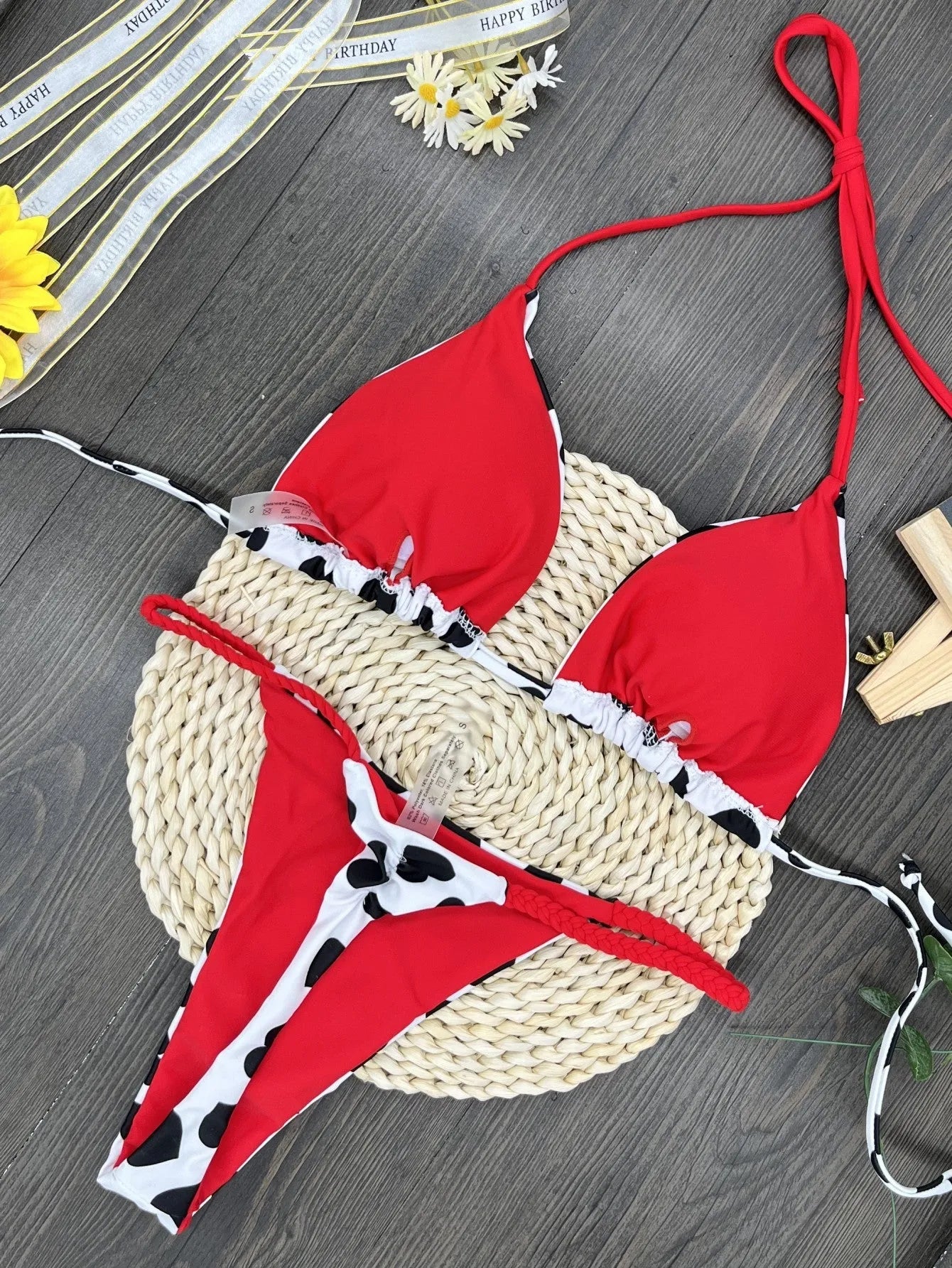 Heart pattern backless swimsuit with briefs style and split design for swimming activities