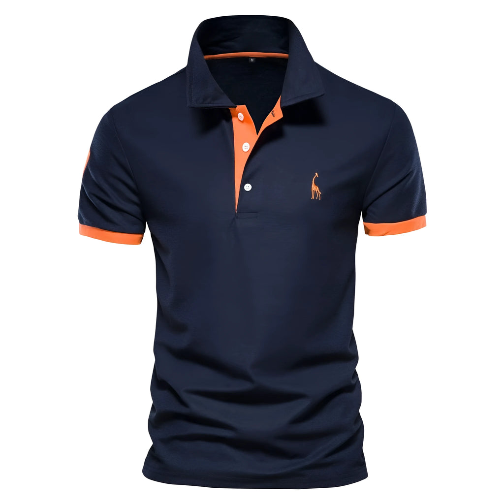 Close-up of a men's slim-fit t-shirt with a detailed embroidered deer design on the chest.