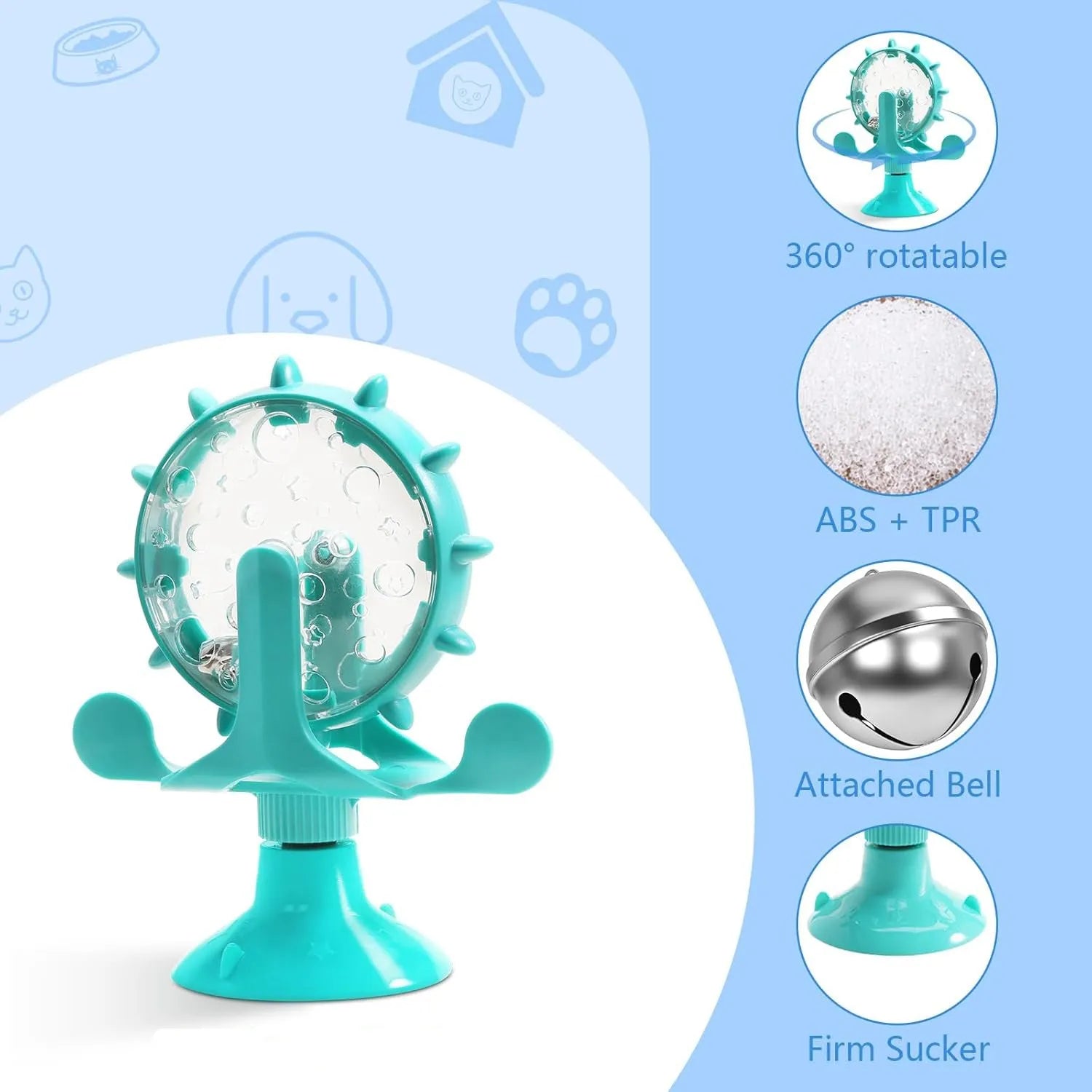 Interactive pet puzzle feeder with colourful spinner and suction cup base for cats and small dogs
