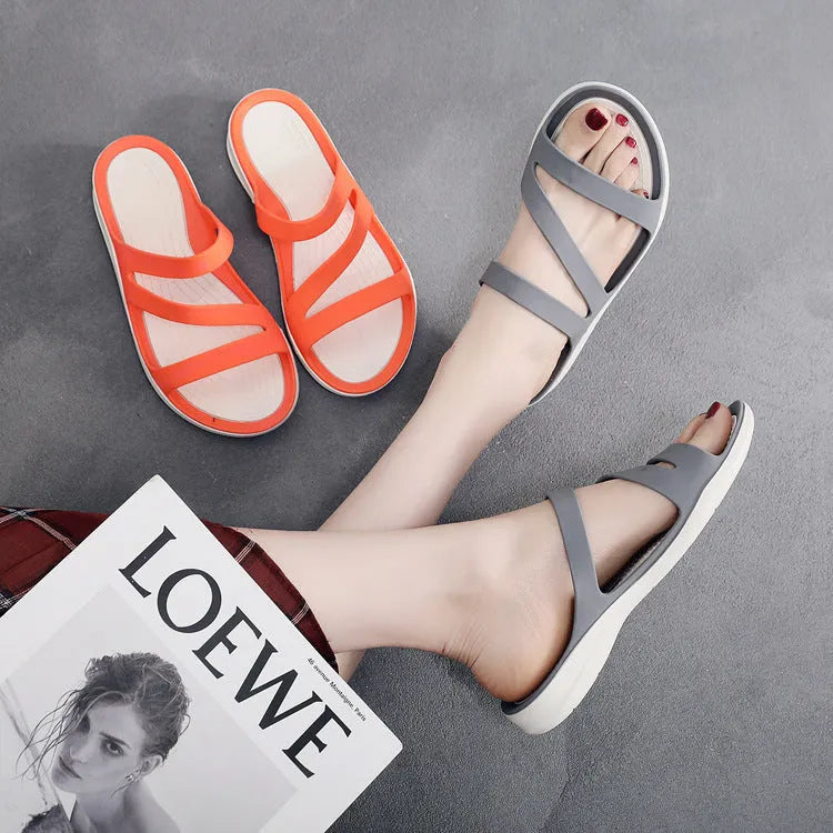 A pair of solid colour women's casual sandals with a breathable upper, shown in one of the six available colours.