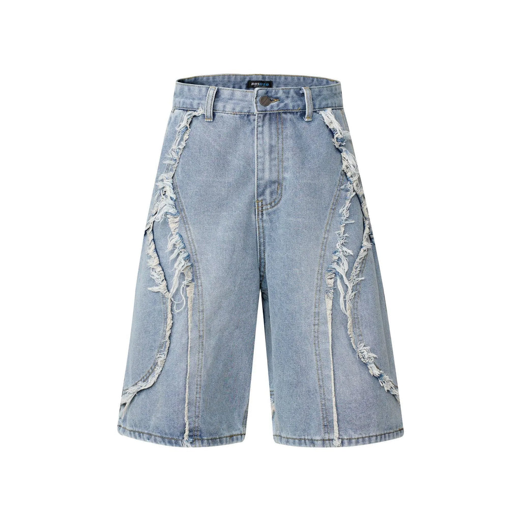 Distressed denim shorts with raw edge detailing in straight cut and cropped leg length